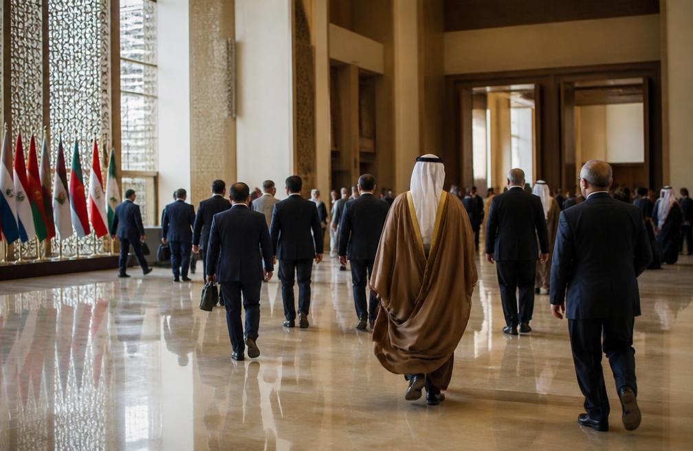 Delegates walking through a regional conference hall